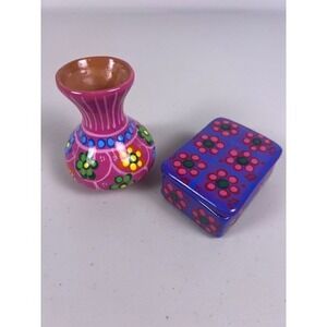 Mexican Folk Art Hand Painted Ceramic Bud Vase and Lidded Trinket Box Set Floral
